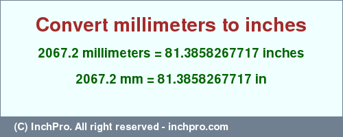 Result converting 2067.2 millimeters to inches = 81.3858267717 inches