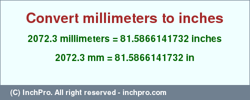 Result converting 2072.3 millimeters to inches = 81.5866141732 inches