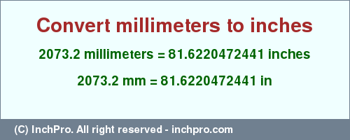 Result converting 2073.2 millimeters to inches = 81.6220472441 inches