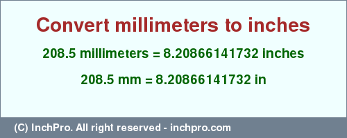 Result converting 208.5 millimeters to inches = 8.20866141732 inches