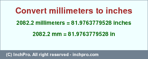 Result converting 2082.2 millimeters to inches = 81.9763779528 inches