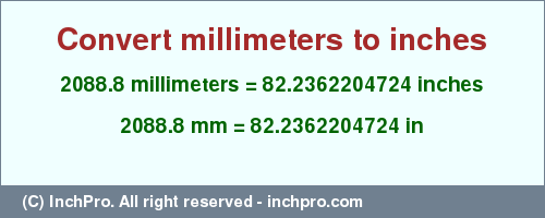 Result converting 2088.8 millimeters to inches = 82.2362204724 inches