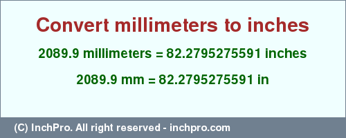 Result converting 2089.9 millimeters to inches = 82.2795275591 inches