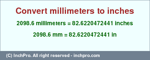 Result converting 2098.6 millimeters to inches = 82.6220472441 inches
