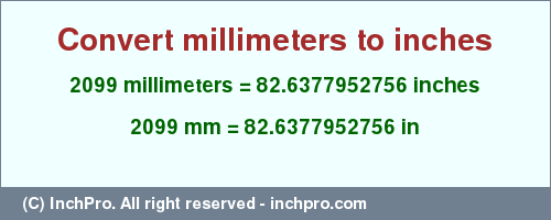 Result converting 2099 millimeters to inches = 82.6377952756 inches