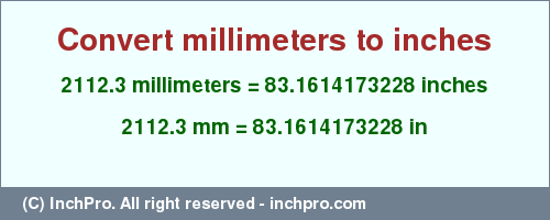 Result converting 2112.3 millimeters to inches = 83.1614173228 inches