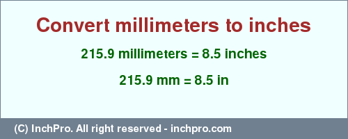 Result converting 215.9 millimeters to inches = 8.5 inches