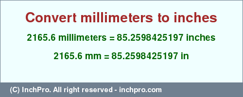 Result converting 2165.6 millimeters to inches = 85.2598425197 inches