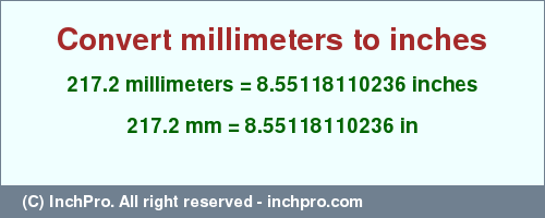 Result converting 217.2 millimeters to inches = 8.55118110236 inches