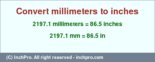 Result converting 2197.1 millimeters to inches = 86.5 inches