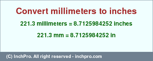 Result converting 221.3 millimeters to inches = 8.7125984252 inches