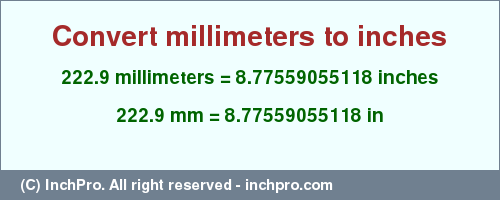 Result converting 222.9 millimeters to inches = 8.77559055118 inches