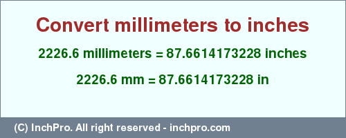 Result converting 2226.6 millimeters to inches = 87.6614173228 inches