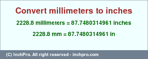 Result converting 2228.8 millimeters to inches = 87.7480314961 inches