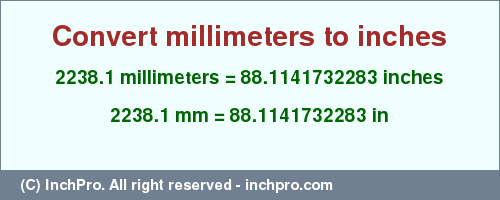 Result converting 2238.1 millimeters to inches = 88.1141732283 inches