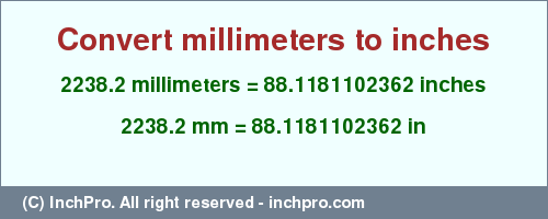 Result converting 2238.2 millimeters to inches = 88.1181102362 inches