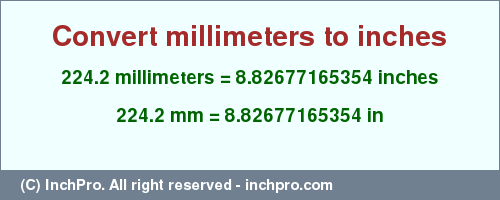 Result converting 224.2 millimeters to inches = 8.82677165354 inches