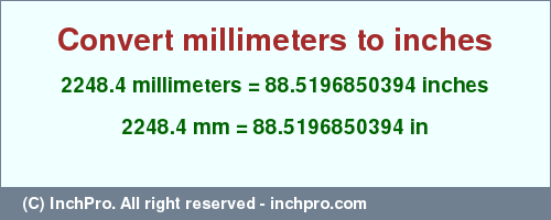 Result converting 2248.4 millimeters to inches = 88.5196850394 inches
