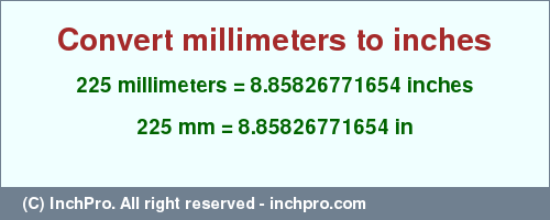 Result converting 225 millimeters to inches = 8.85826771654 inches
