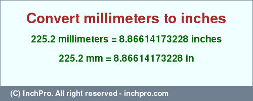 Result converting 225.2 millimeters to inches = 8.86614173228 inches