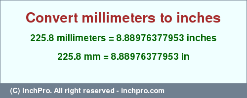 Result converting 225.8 millimeters to inches = 8.88976377953 inches