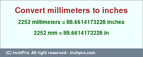 Result converting 2252 millimeters to inches = 88.6614173228 inches