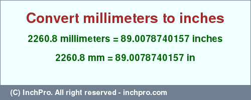 Result converting 2260.8 millimeters to inches = 89.0078740157 inches