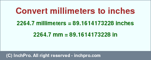 Result converting 2264.7 millimeters to inches = 89.1614173228 inches