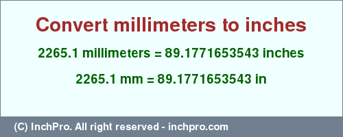 Result converting 2265.1 millimeters to inches = 89.1771653543 inches