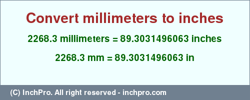 Result converting 2268.3 millimeters to inches = 89.3031496063 inches