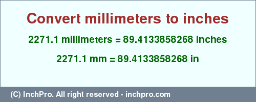 Result converting 2271.1 millimeters to inches = 89.4133858268 inches