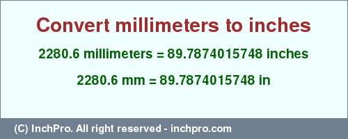 Result converting 2280.6 millimeters to inches = 89.7874015748 inches