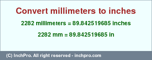 Result converting 2282 millimeters to inches = 89.842519685 inches