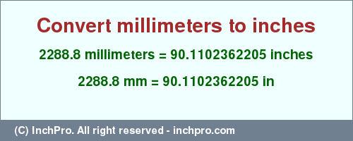 Result converting 2288.8 millimeters to inches = 90.1102362205 inches