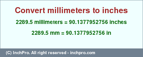 Result converting 2289.5 millimeters to inches = 90.1377952756 inches