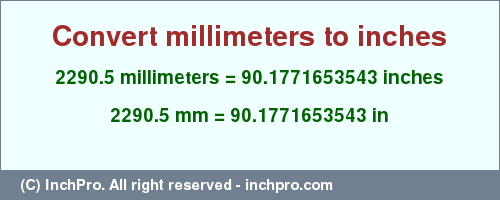 Result converting 2290.5 millimeters to inches = 90.1771653543 inches