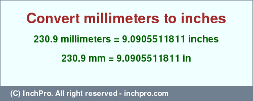 Result converting 230.9 millimeters to inches = 9.0905511811 inches