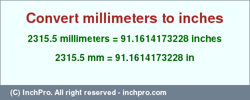 Result converting 2315.5 millimeters to inches = 91.1614173228 inches