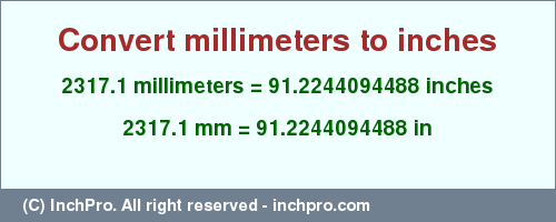 Result converting 2317.1 millimeters to inches = 91.2244094488 inches