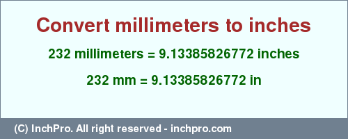 Result converting 232 millimeters to inches = 9.13385826772 inches