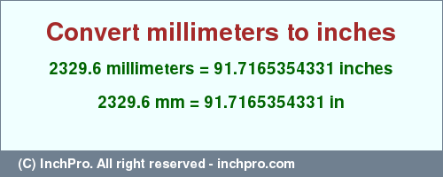 Result converting 2329.6 millimeters to inches = 91.7165354331 inches