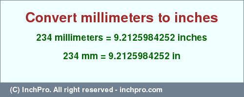 Result converting 234 millimeters to inches = 9.2125984252 inches
