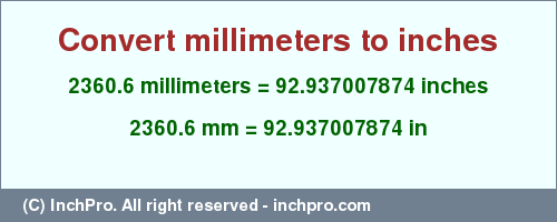 Result converting 2360.6 millimeters to inches = 92.937007874 inches