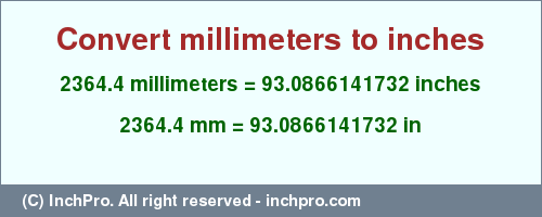 Result converting 2364.4 millimeters to inches = 93.0866141732 inches