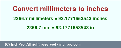 Result converting 2366.7 millimeters to inches = 93.1771653543 inches