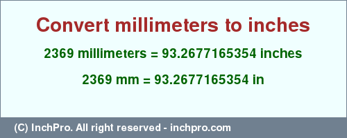 Result converting 2369 millimeters to inches = 93.2677165354 inches