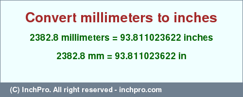 Result converting 2382.8 millimeters to inches = 93.811023622 inches