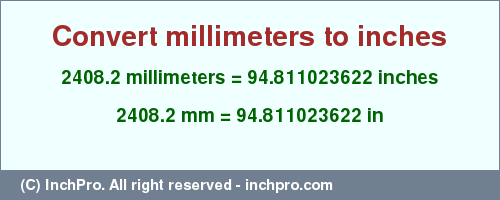 Result converting 2408.2 millimeters to inches = 94.811023622 inches