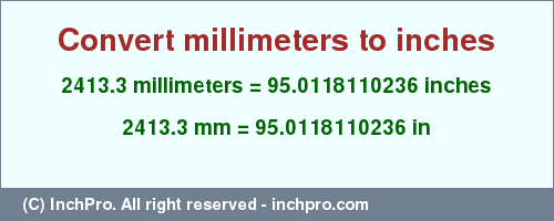 Result converting 2413.3 millimeters to inches = 95.0118110236 inches