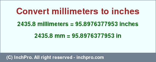 Result converting 2435.8 millimeters to inches = 95.8976377953 inches